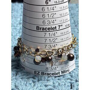 Emily Ray Glass Bead Dangle Charm Bracelet Goldtone Chain Brown Clear 8 inches